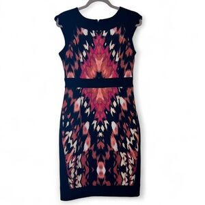 Maggy London Dress Size 8 Abstract Multicolor Sheath Cut Knee Length Cap Sleeve